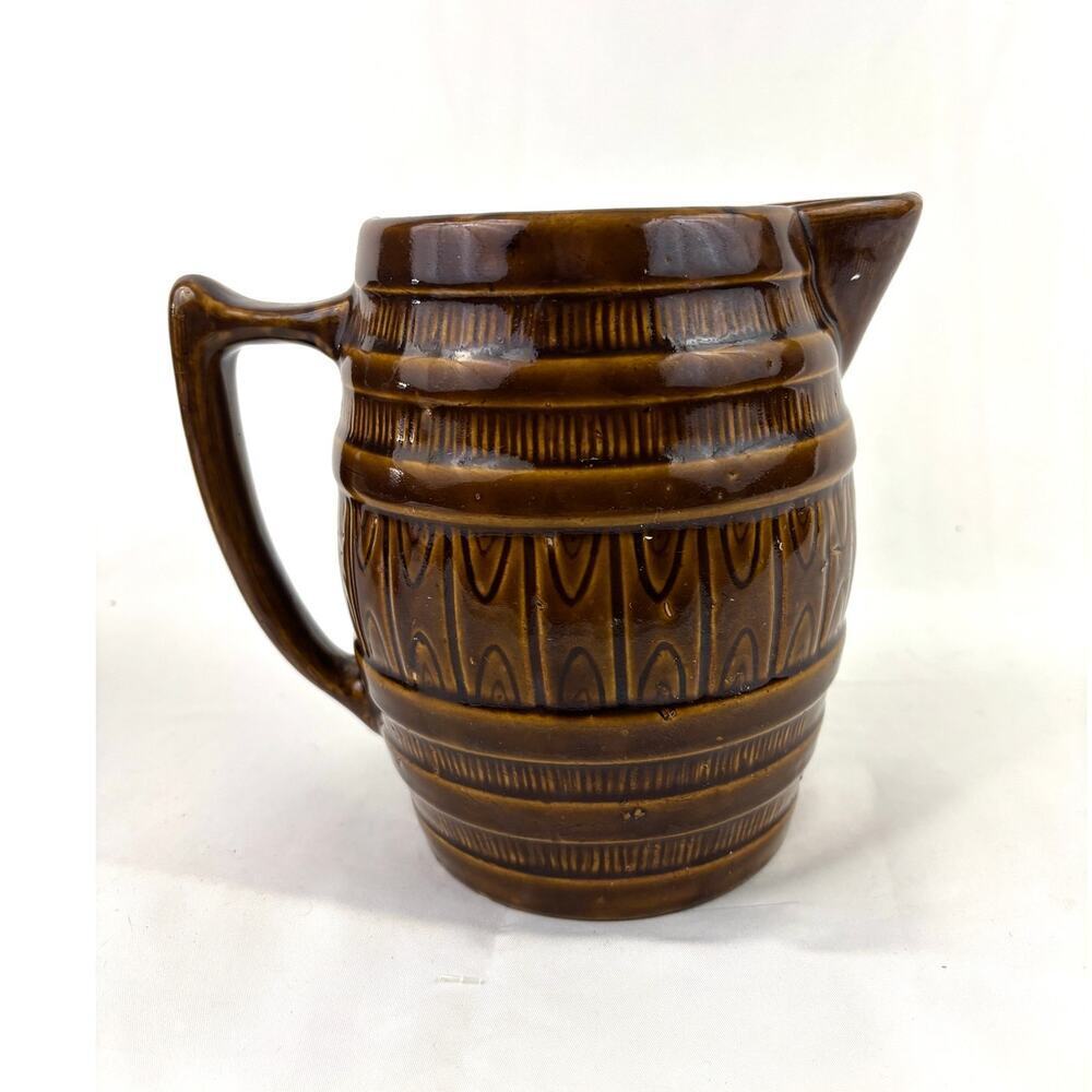 Vintage‎ Brown Glaze Barrel Pitcher Pottery 7" - Picture 2 of 12